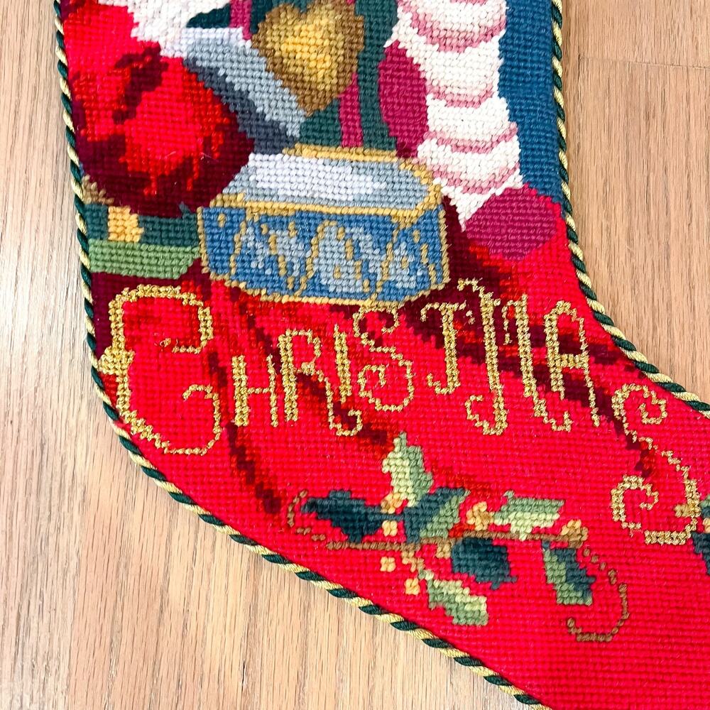 Vintage Lined Christmas Stocking Needlepoint Santa Presents Tree Velvet - Picture 6 of 8